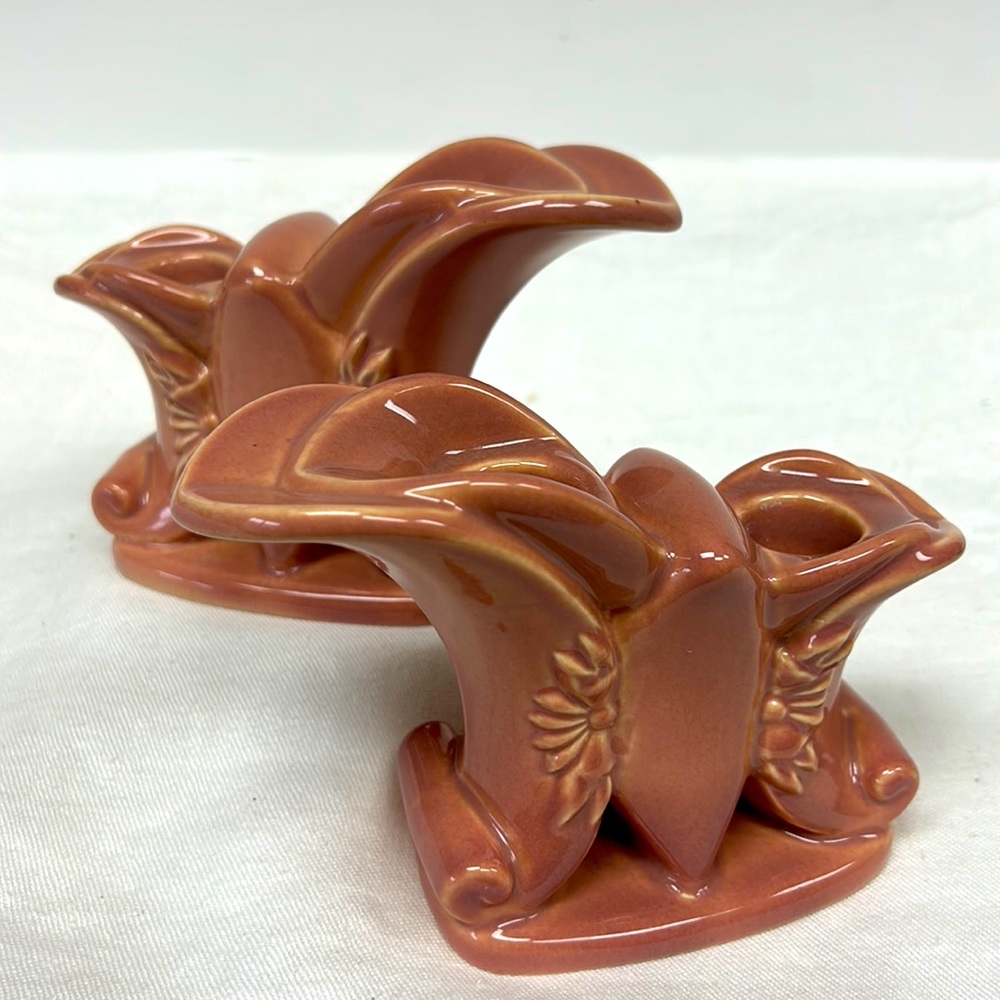 Mid Century Modern “Abingdon” pottery pink double candlestick holders # 451 USA